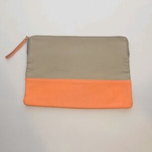 Gap Two Tone Leather Pouch Clutch Neon Orange Taupe Zip Wallet Bag 2013